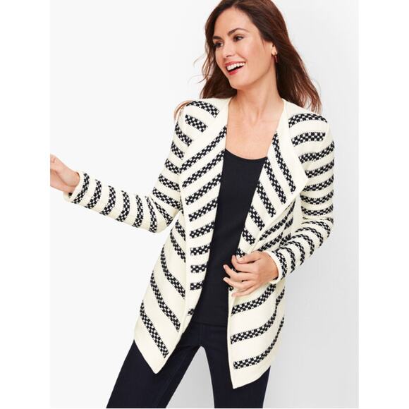 Talbots Sweaters - Talbots Black and White Striped Textured Open Cardigan Sweater // S Petite